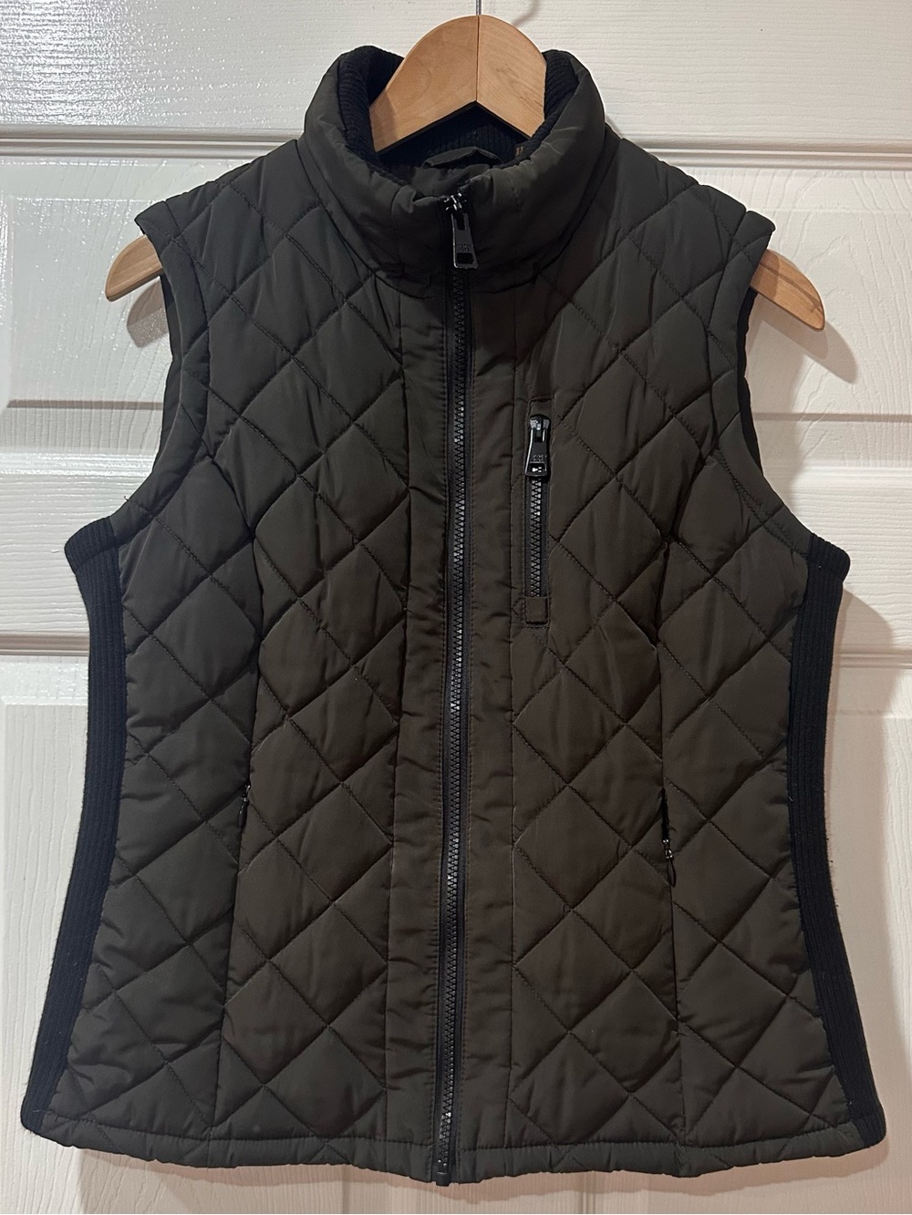 Andrew Marc Quilted Olive Vest with Black Side Panels